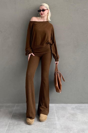 Kahverengi  Bluz Pantolon İkili Takım Mg2289