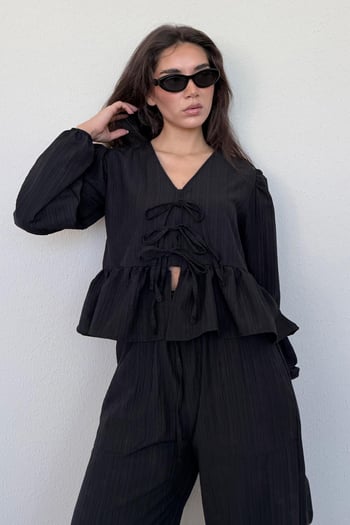 Siyah Önü Bağlamalı Bluz Pantolon Takımı MG2343