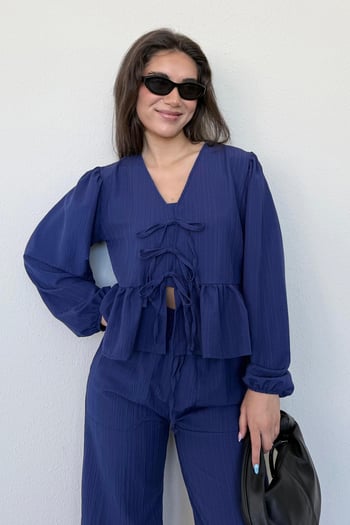 Lacivert Önü Bağlamalı Bluz Pantolon Takımı MG2343