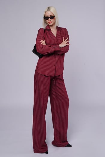 Bordo Uzun Kollu Çizgili Gömlek Pantolon İkili Takım MG2329