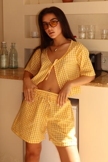 Sarı Pötikareli Şort Bluz Takım Mg2373