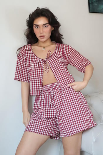 Bordo Pötikareli Şort Bluz Takım Mg2373