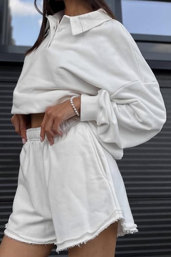 Ekru Polo Yaka Kadın Şort Sweatshirt Takım Mg2375