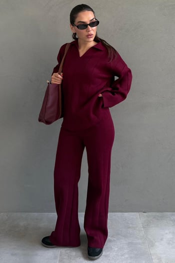 Bordo Rahat Kesim Dikiş Detaylı Kadın Triko Takım MG2584