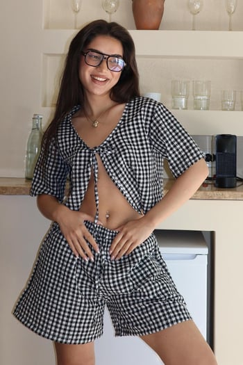 Siyah Pötikareli Şort Bluz Takım Mg2373