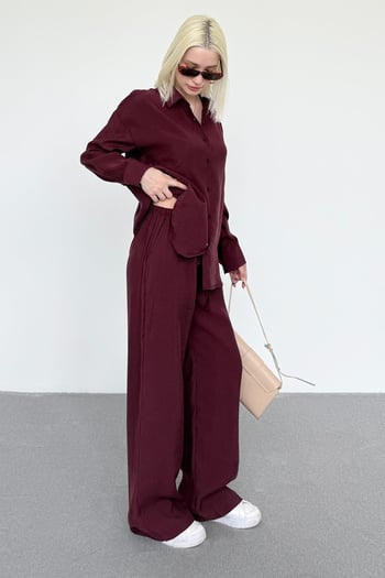 Bordo Basic Kadın Gömlek Pantolon İkili Takım Mg2352