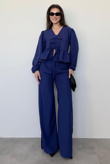 Lacivert Önü Bağlamalı Bluz Pantolon Takımı MG2343
