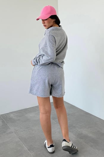 Gri Polo Yaka Kadın Şort Sweatshirt Takım Mg2375
