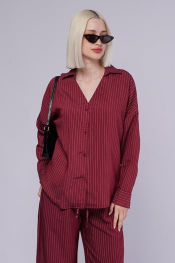 Bordo Uzun Kollu Çizgili Gömlek Pantolon İkili Takım MG2329