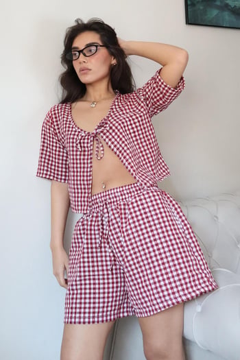 Bordo Pötikareli Şort Bluz Takım Mg2373