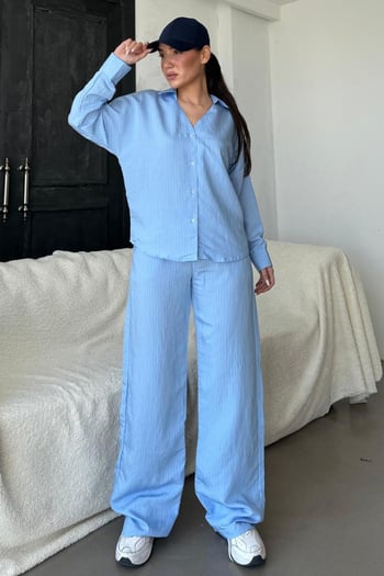 Mavi Uzun Kollu Çizgili Gömlek Pantolon İkili Takım MG2329