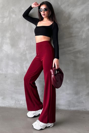 Bordo Yüksek Bel Düz Model Kadın İspanyol Paça Tayt Pantolon Mg2288