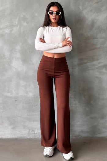 Kahverengi Yüksek Bel Düz Model Kadın İspanyol Paça Tayt Pantolon Mg2288