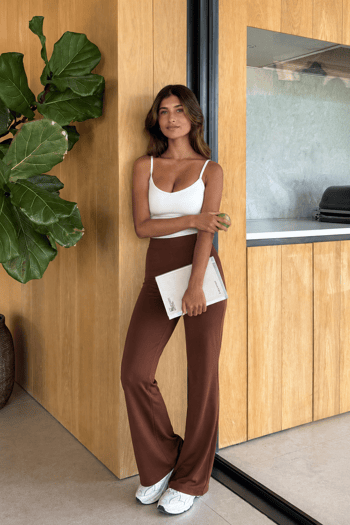 Kahverengi Yüksek Bel Düz Model Kadın İspanyol Paça Tayt Pantolon Mg2288