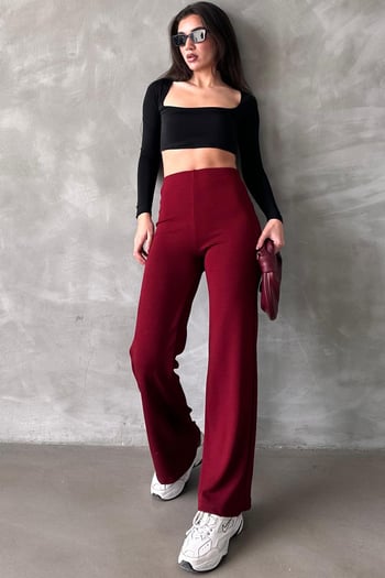 Bordo Yüksek Bel Düz Model Kadın İspanyol Paça Tayt Pantolon Mg2288