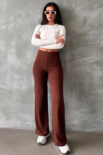 Kahverengi Yüksek Bel Düz Model Kadın İspanyol Paça Tayt Pantolon Mg2288