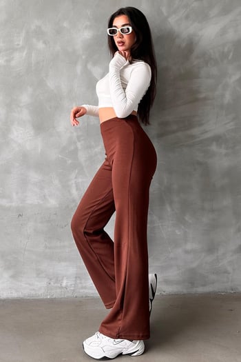 Kahverengi Yüksek Bel Düz Model Kadın İspanyol Paça Tayt Pantolon Mg2288