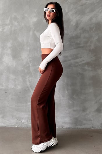 Kahverengi Yüksek Bel Düz Model Kadın İspanyol Paça Tayt Pantolon Mg2288