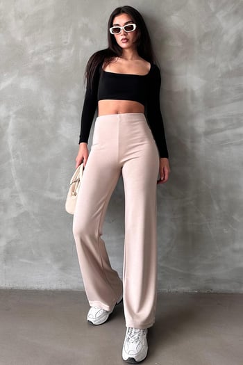 Bej Yüksek Bel Düz Model Kadın İspanyol Paça Tayt Pantolon Mg2288