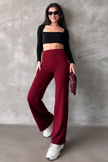 Bordo Yüksek Bel Düz Model Kadın İspanyol Paça Tayt Pantolon Mg2288