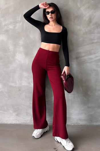 Bordo Yüksek Bel Düz Model Kadın İspanyol Paça Tayt Pantolon Mg2288