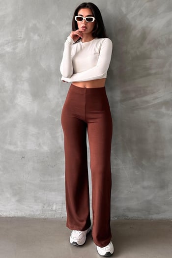 Kahverengi Yüksek Bel Düz Model Kadın İspanyol Paça Tayt Pantolon Mg2288
