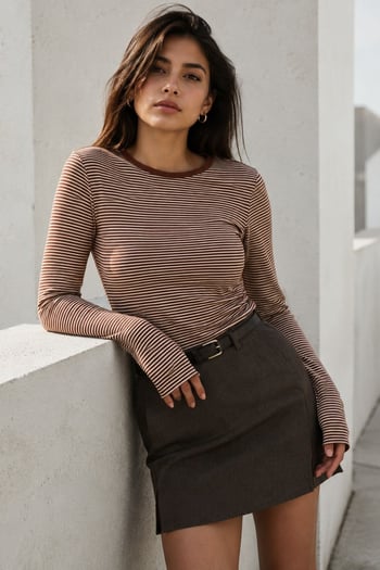 Kahverengi Çizgili Uzun Kollu Kadın Body MG2657