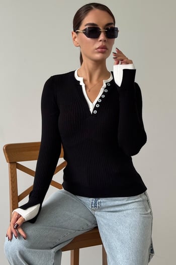 Siyah Düğmeli Yaka Uzun Kollu Fitilli Slim Fit Kadın Body MG2729
