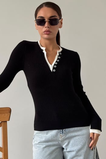 Siyah Düğmeli Yaka Uzun Kollu Fitilli Slim Fit Kadın Body MG2729