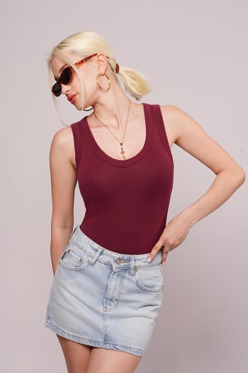 Koyu Bordo Derin V Yaka %100 Pamuklu Basic Kadın Atlet Mg2405