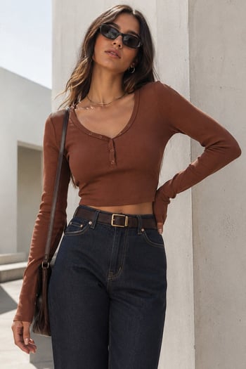 Acı Kahverengi V Yaka Uzun Kollu Düğme Detaylı Kaşkorse Bodysuit MG2194