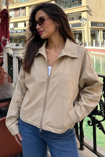 Camel Fermuarlı Cep Detaylı Oversize Kadın Ceket MG2188