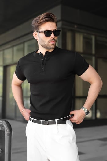 Siyah Slim Fit Hakim Yaka Triko Erkek Tişört E7189