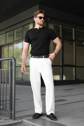 Siyah Slim Fit Hakim Yaka Triko Erkek Tişört E7189