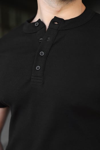 Siyah Slim Fit Hakim Yaka Triko Erkek Tişört E7189