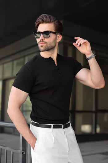 Siyah Slim Fit Hakim Yaka Triko Erkek Tişört E7189