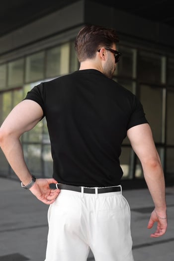 Siyah Slim Fit Hakim Yaka Triko Erkek Tişört E7189