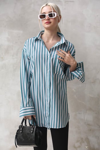 Turkuaz Çizgili Oversize Kadın Gömlek MG1688