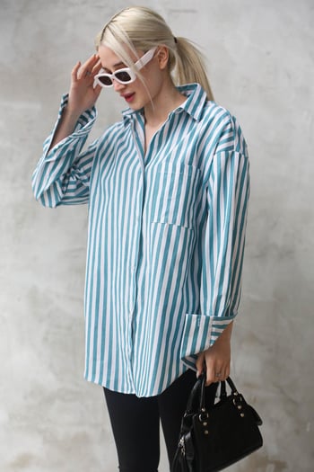 Turkuaz Çizgili Oversize Kadın Gömlek MG1688