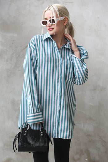 Turkuaz Çizgili Oversize Kadın Gömlek MG1688