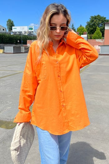 Turuncu Oversize Basic Cepli Poplin Gömlek MG1530