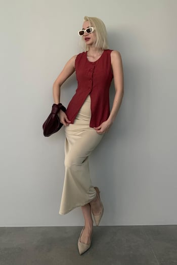 Kiremit  Bisiklet Yaka Kadın Uzun Yelek Mg2331