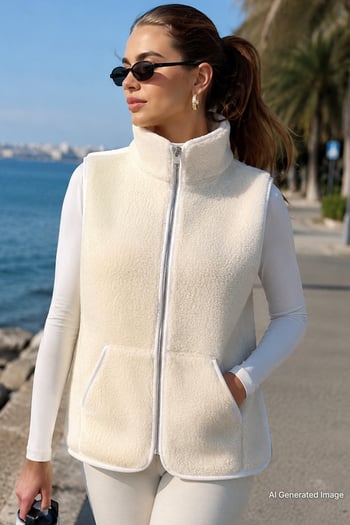 Ekru Dik Yaka Kadın Peluş Yelek MG2578