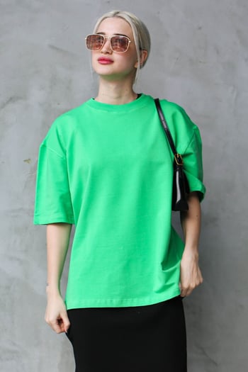 Yeşil Bisiklet Yaka Basic Oversize T-shirt MG1687