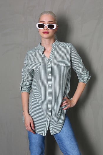 Yeşil Çizgili Gofre Kumaş Oversize Gömlek MG1666