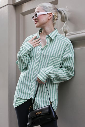 Yeşil Çizgili Oversize Kadın Gömlek MG1729