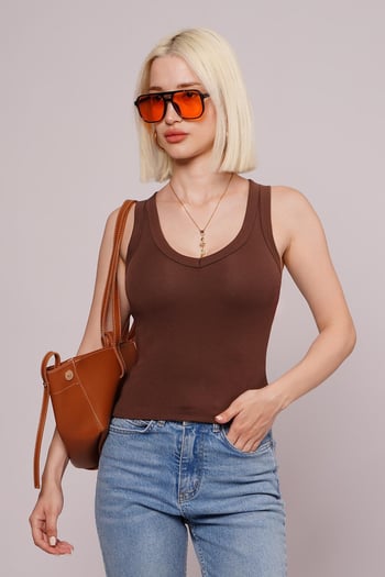 Kahverengi Derin V Yaka %100 Pamuklu Basic Kadın Atlet Mg2405