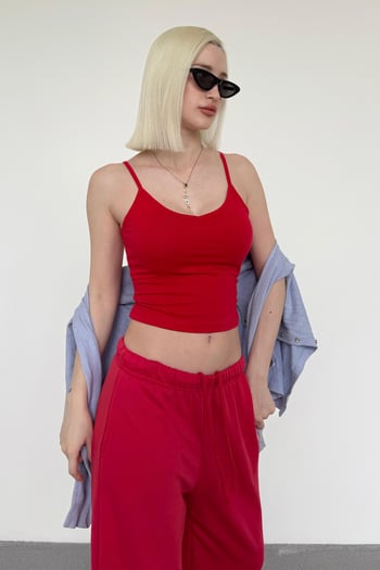 Kırmızı Askılı V Yaka Crop Top MG2454