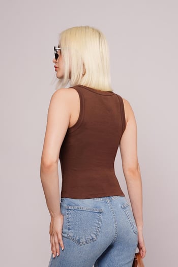 Kahverengi Derin V Yaka %100 Pamuklu Basic Kadın Atlet Mg2405