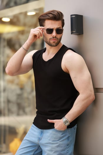 Siyah Kalın Askılı Basic Erkek Atlet E7157